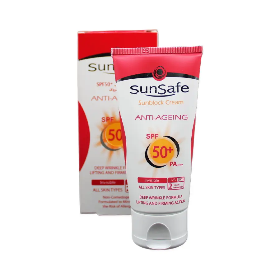 کرم ضد آفتاب ضد چروک سان سیف SPF50 بی رنگ انواع پوست 50 گرم 1