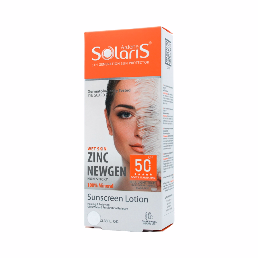 لوسیون ضد آفتاب زینک نیوژن آردن سولاریس SPF50 مناسب پوست حساس 100 میلی لیتر