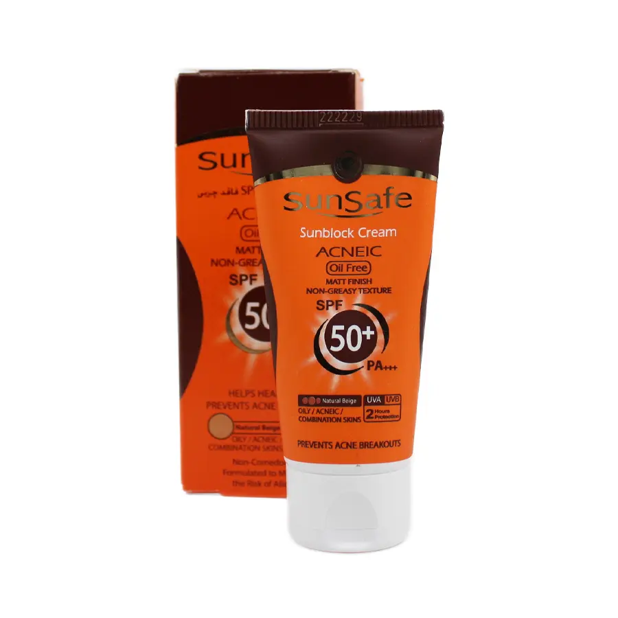 کرم ضدآفتاب سان سیف SPF50 فاقد چربی بژ طبیعی 50 گرم 1